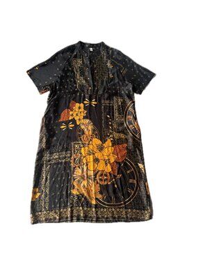 Black Floral Clock Print Short Sleeve Midi Dress Boho
